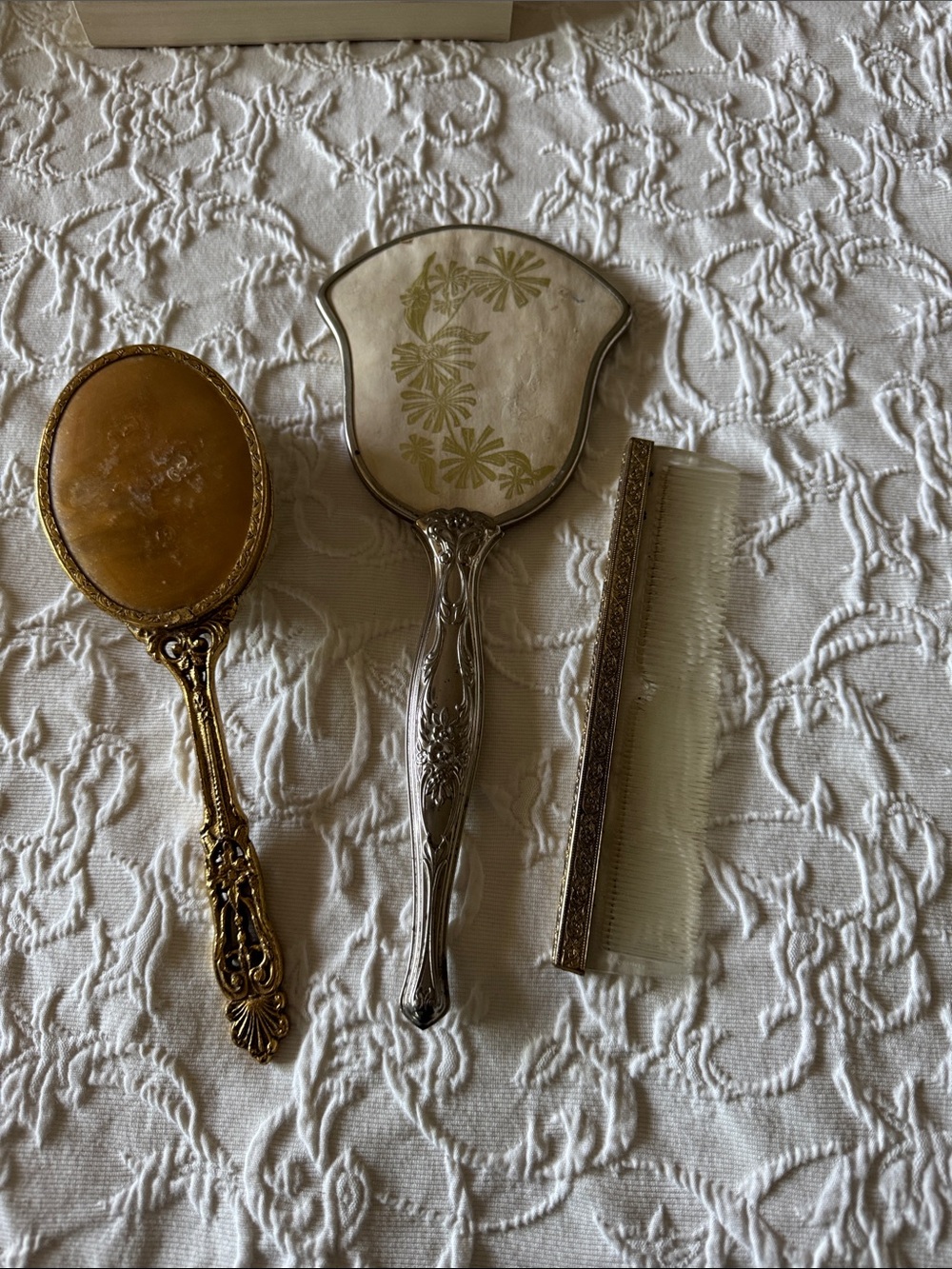 Vintage-Inspired Gold and Silver Hand Mirror and Comb Set
